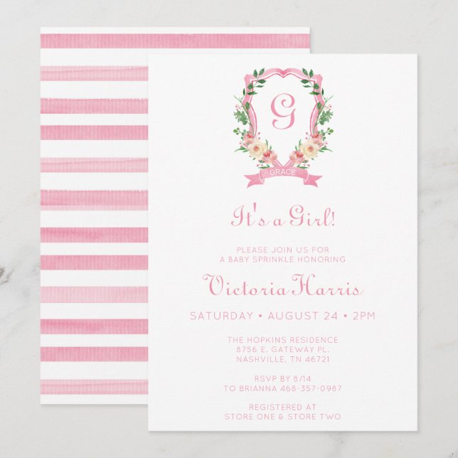 Invitación Escudo floral rosada es un Chica (Anverso / Reverso)