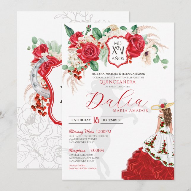 Invitación Escudo floral Roses Rojos Elegante Charra Quincean (Anverso / Reverso)