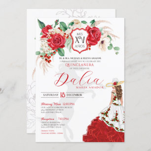 Invitación Escudo floral Roses Rojos Elegante Charra Quincean
