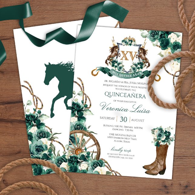 Invitación Escudo floral verde esmeralda Charro Quinceanera (Subido por el creador)