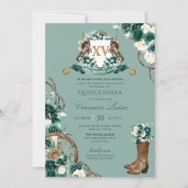 Invitación Escudo floral verde esmeralda Charro Quinceanera I