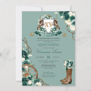 Invitación Escudo floral verde esmeralda Charro Quinceanera I