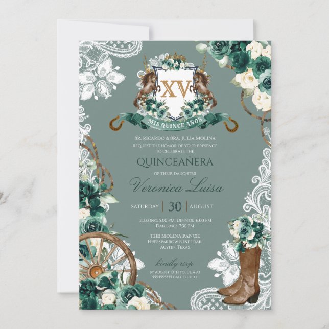 Invitación Escudo floral verde esmeralda Charro Quinceanera I (Anverso)
