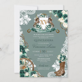 Invitación Escudo floral verde esmeralda Charro Quinceanera I