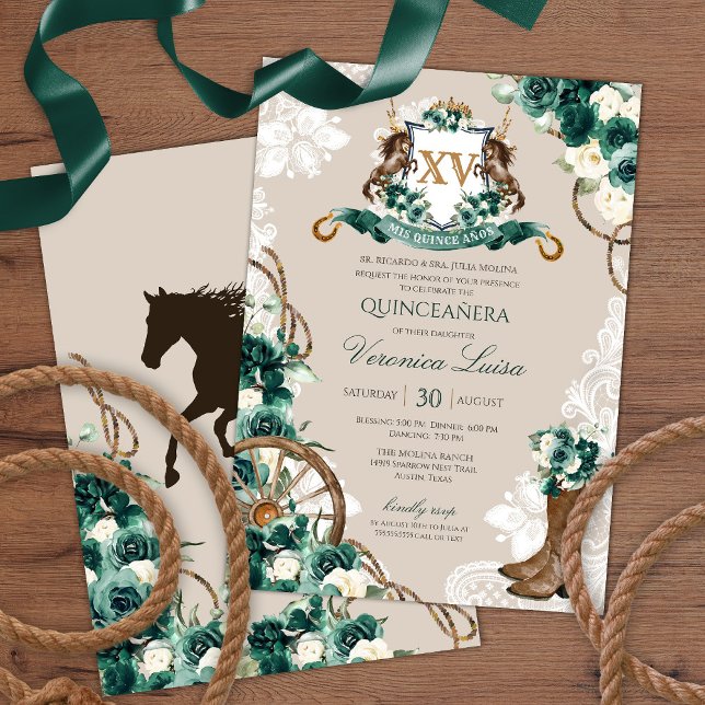 Invitación Escudo floral verde esmeralda Charro Quinceanera v (Subido por el creador)