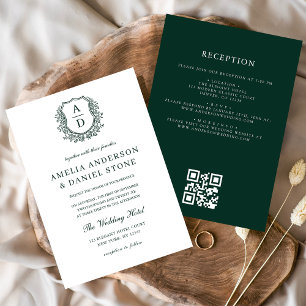 Invitación Escudo floral verde oscuro Monograma Boda Código Q