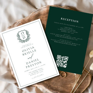 Invitación Escudo floral verde oscuro Monograma Boda Código Q