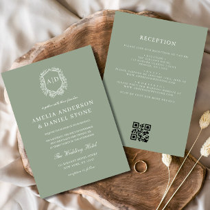 Invitación Escudo floral verde sabio Monograma Boda Código QR