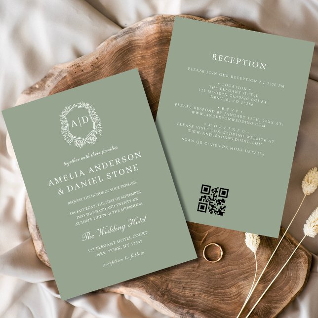 Invitación Escudo floral verde sabio Monograma Boda Código QR (Subido por el creador)