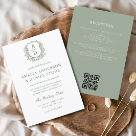 Invitación Escudo floral verde sabio Monograma Boda Código QR