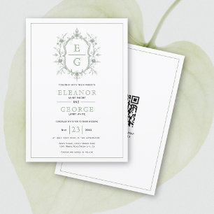 Invitación Escudo floral verde sabio monograma boda de código