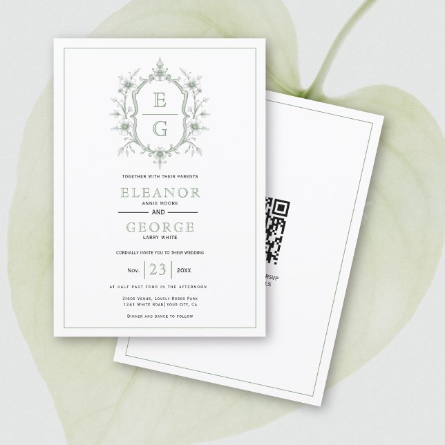 Invitación Escudo floral verde sabio monograma boda de código (Subido por el creador)