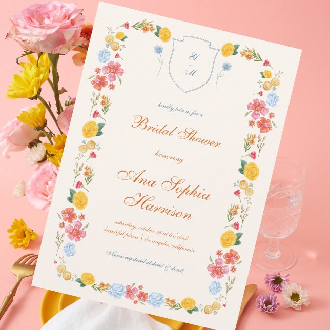 Invitación Escudo Flores Silvestres Brillantes Monograma Duch (Subido por el creador)