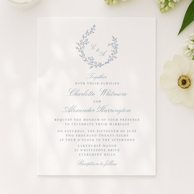 Invitación Escudo Foliage Old Money Estética, azul claro (Subido por el creador)