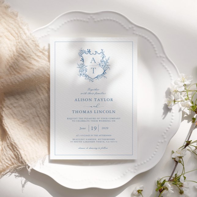 Invitación Escudo formal Boda de Monograma azul vibrante (Subido por el creador)