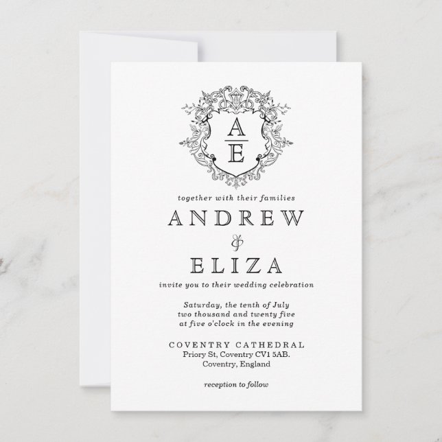 Invitación Escudo formal Boda Monograma blanco y negro (Anverso)