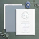 Invitación Escudo formal de cuero azul turbio monograma Boda<br><div class="desc">¡Nos encanta esta invitación formal de bodas a la moda en azul polvoriento! Sencillo, elegante y muy bonito, tiene una corona de hojas dibujadas a mano que rodea un moderno monograma boda. Tradicional en su redacción, presenta los nombres de los padres que acogen al boda, y está personalizado en tipografía...</div>