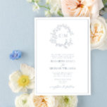Invitación Escudo formal de cuero azul turbio monograma Boda<br><div class="desc">¡Nos encanta esta invitación formal de bodas a la moda en azul polvoriento! Sencillo, elegante y muy bonito, tiene una corona de hojas dibujadas a mano que rodea un moderno monograma boda. Tradicional en su redacción, presenta los nombres de los padres que acogen al boda, y está personalizado en tipografía...</div>