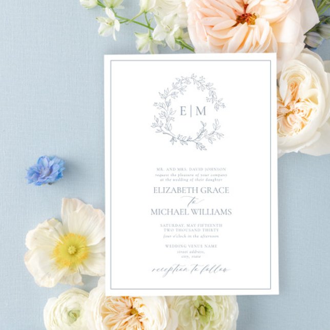 Invitación Escudo formal de cuero azul turbio monograma Boda (Subido por el creador)