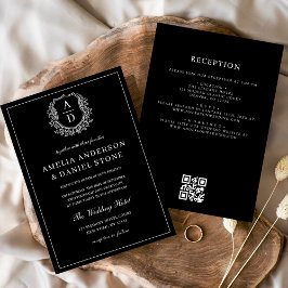 Invitación Escudo formal de Leafy Monograma Boda Código QR