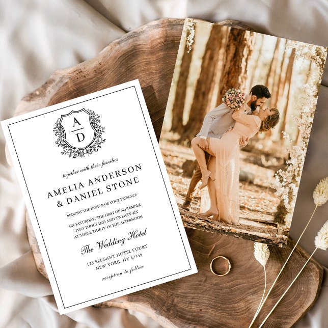 Invitación Escudo formal de Leafy Monograma Boda fotográfico (Subido por el creador)