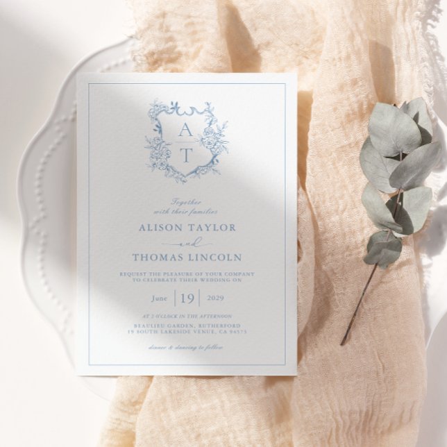 Invitación Escudo formal Dusty Blue Monograma Boda (Subido por el creador)