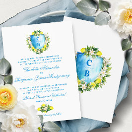 Invitación Escudo formal floral azul Monograma Boda Lemones