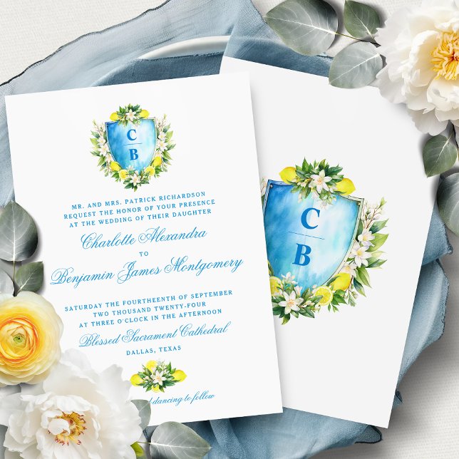 Invitación Escudo formal floral azul Monograma Boda Lemones (Subido por el creador)
