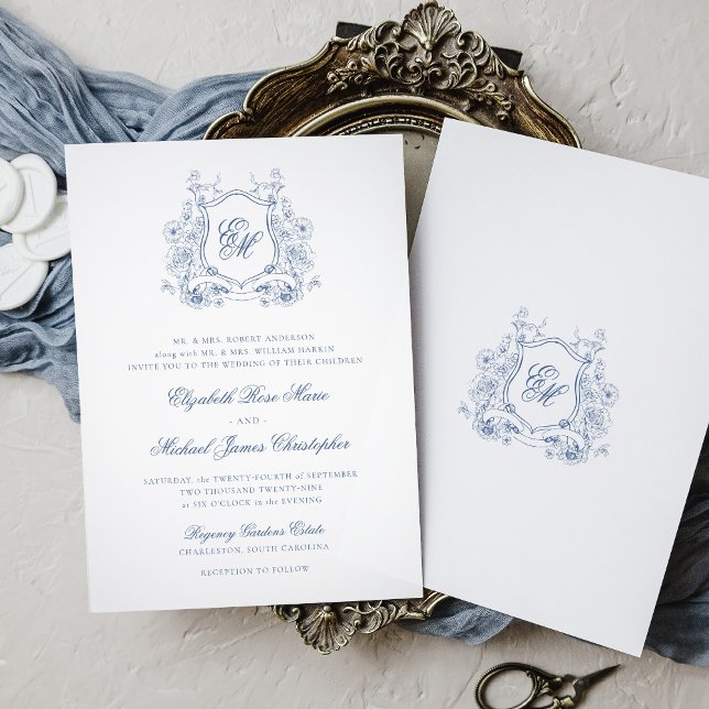 Invitación Escudo formal floral azul Monograma matrimonio ele (Subido por el creador)