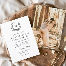 Invitación Escudo formal floral Monograma Boda fotográfico