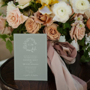 Invitación Escudo Formal Sage Green Leafy Monograma Boda Inv