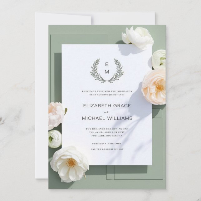 Invitación Escudo Formal Sage Green Leafy Monograma Boda Inv (Anverso)