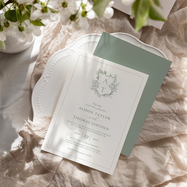 Invitación Escudo formal Sage Green Monograma Boda (Subido por el creador)