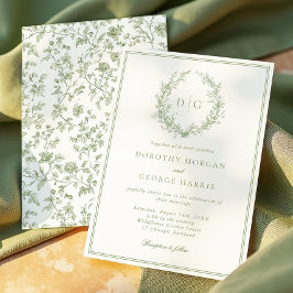 Invitación Escudo formal Sage Green Monograma Boda
