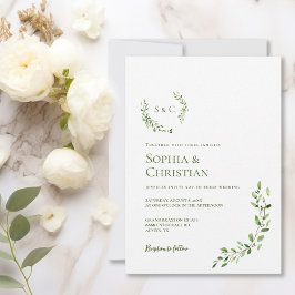 Invitación Escudo Greenery Watercolor Wreath Monograma Boda