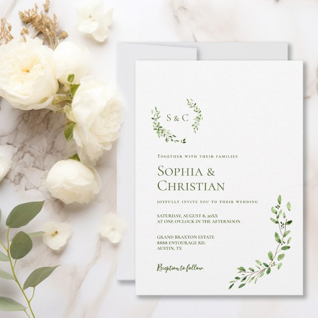 Invitación Escudo Greenery Watercolor Wreath Monograma Boda (Simple Monogram wedding crest wreath leaf green and white invitaiton.)