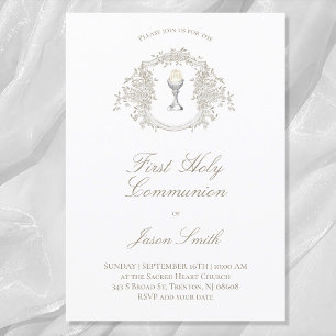 Invitación escudo gris beige de la primera comunión católica