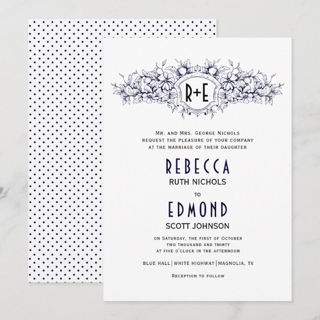 Invitación Escudo heráldico azul marino con iniciales boda (Anverso / Reverso)