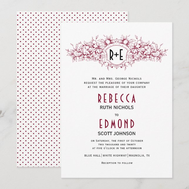 Invitación Escudo heráldico rojo borgoñona con boda de inicia (Anverso / Reverso)