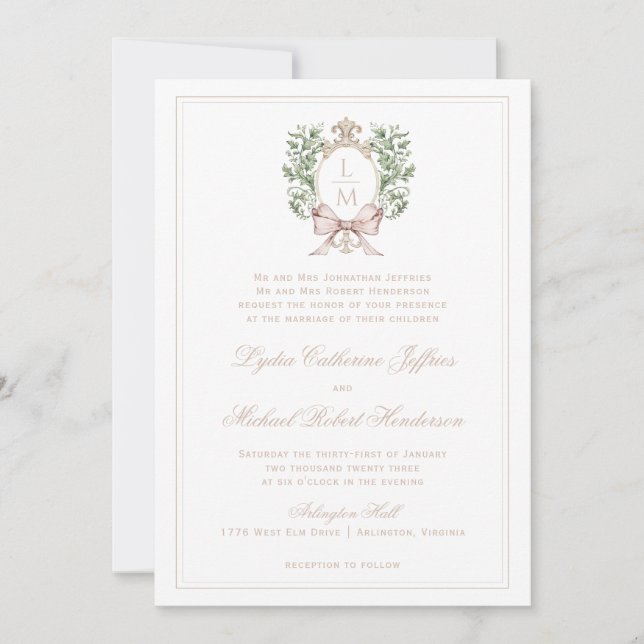 Invitación Escudo hoja con Bow Tan Textos | Boda de monograma (Anverso)