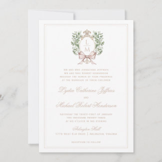 Invitación Escudo hoja con Bow Tan Textos | Boda de monograma