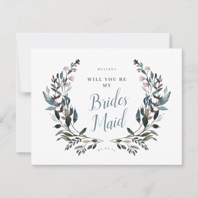 Invitación Escudo Jardín Dusty Blue Floral Bridesmaid (Anverso)