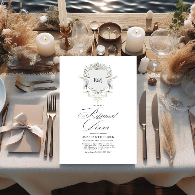 Invitación Escudo Lakeside Monograma Laurel Ensayo Cena (Lakeside Monogram Laurel Crest Rehearsal Dinner Invitation)