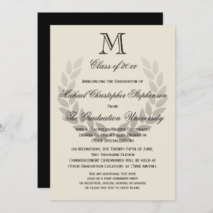 Invitación Escudo Laurel Monograma Clásico Graduado I