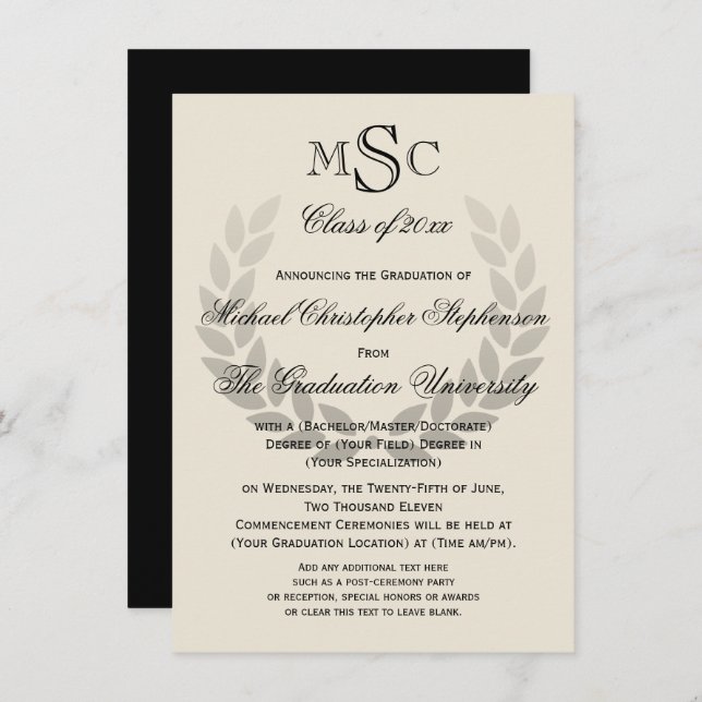 Invitación Escudo Laurel Monograma Clásico Graduado I (Anverso / Reverso)