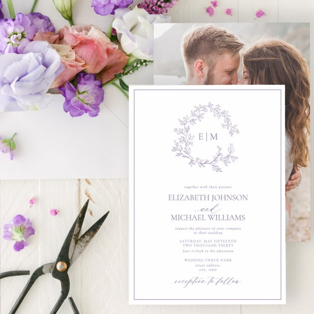 Invitación Escudo Lilac Lavender Leafy Monograma Boda fotográ (Subido por el creador)