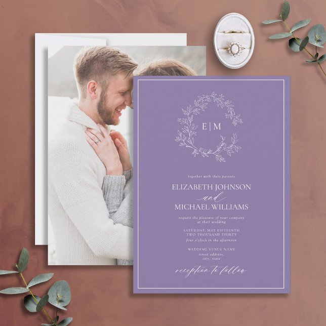 Invitación Escudo Lilac Lavender Leafy Monograma Boda fotográ (Subido por el creador)