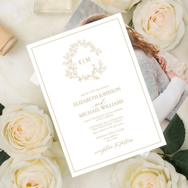 Invitación Escudo moderno con gota de oro Monograma Boda foto (Subido por el creador)