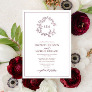 Invitación Escudo moderno de Borgoña  Monograma Boda
