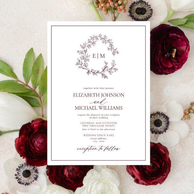 Invitación Escudo moderno de Borgoña  Monograma Boda (Subido por el creador)